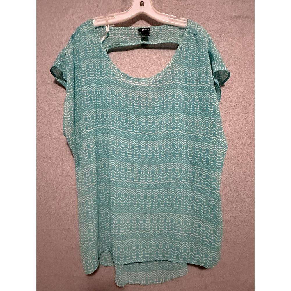 Torrid Blouse Womens 2‎ Blue Geometric Scoop Neck Dolman Short Sleeve Tunic Top